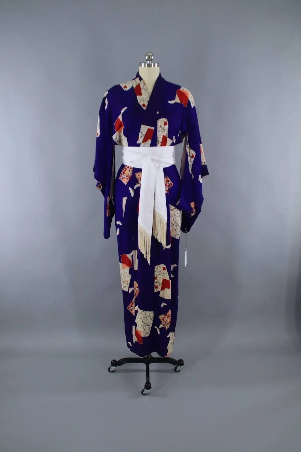 1940s Vintage Silk Kimono Robe / Royal Blue & Red Abstract Print