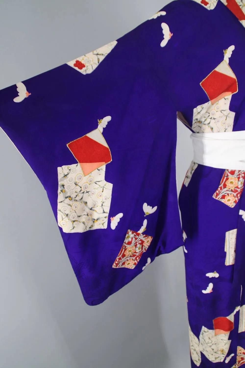 1940s Vintage Silk Kimono Robe / Royal Blue & Red Abstract Print