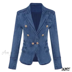 Amy Fashion - Metal Lion Buttons Double Breasted Denim Blazer