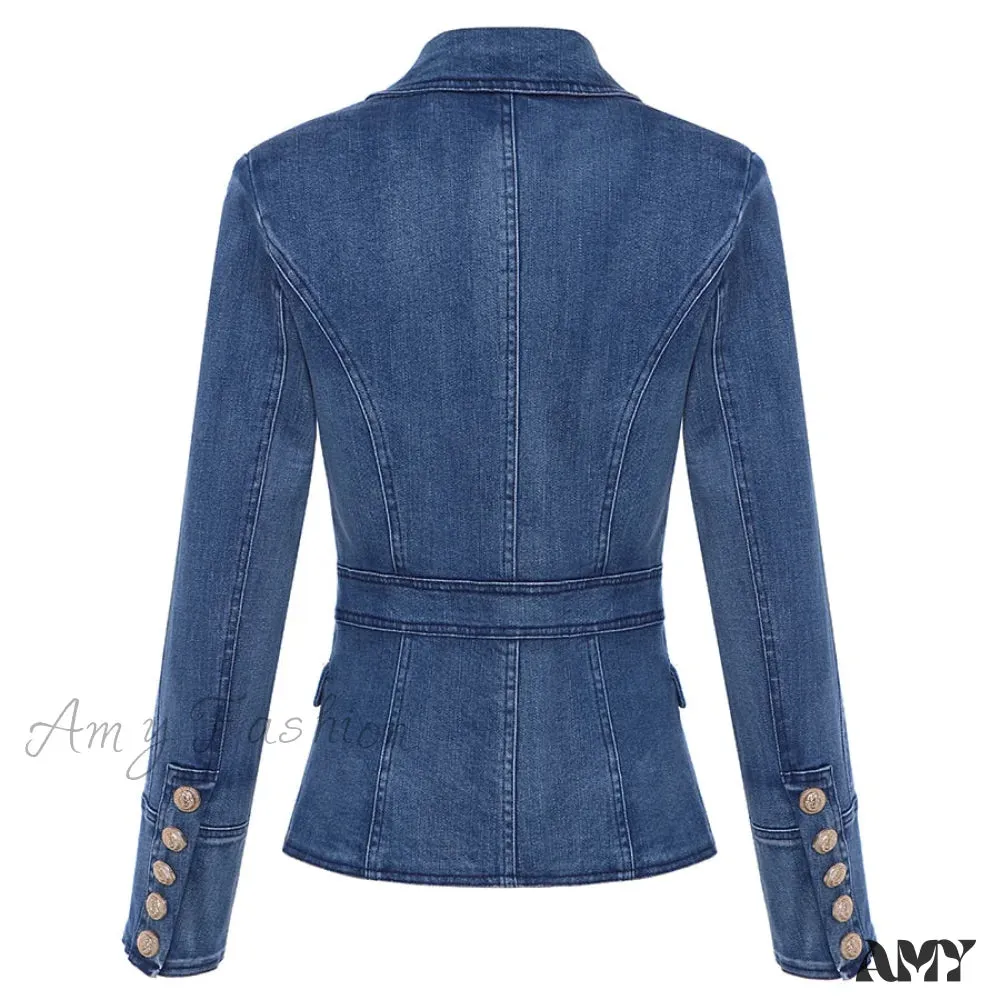 Amy Fashion - Metal Lion Buttons Double Breasted Denim Blazer