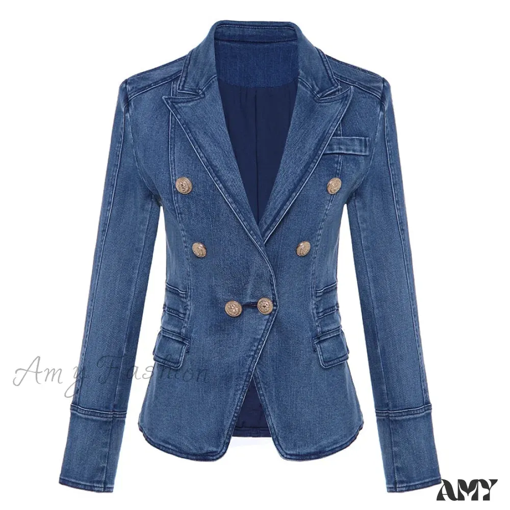 Amy Fashion - Metal Lion Buttons Double Breasted Denim Blazer