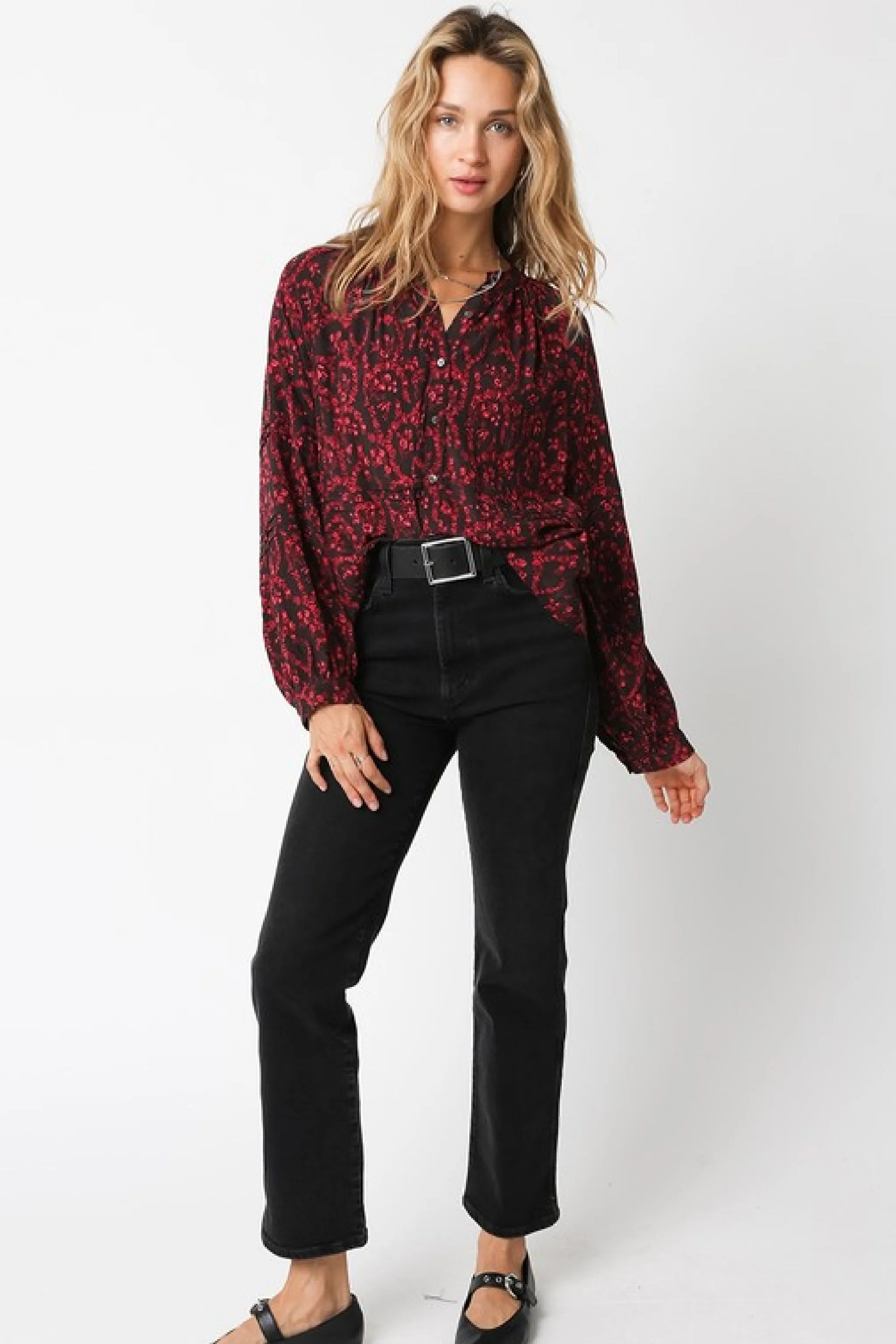 Angelina Long Sleeve Abstract Print Top Red