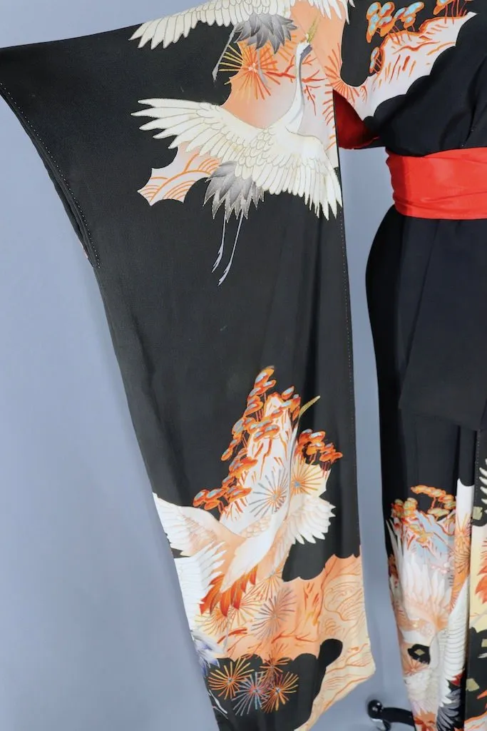 Antique 1910s Black Cranes Silk Kimono Furisode