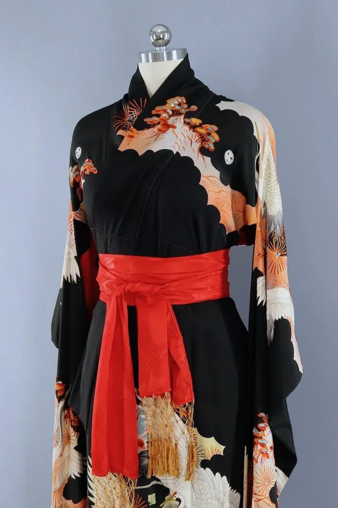 Antique 1910s Black Cranes Silk Kimono Furisode