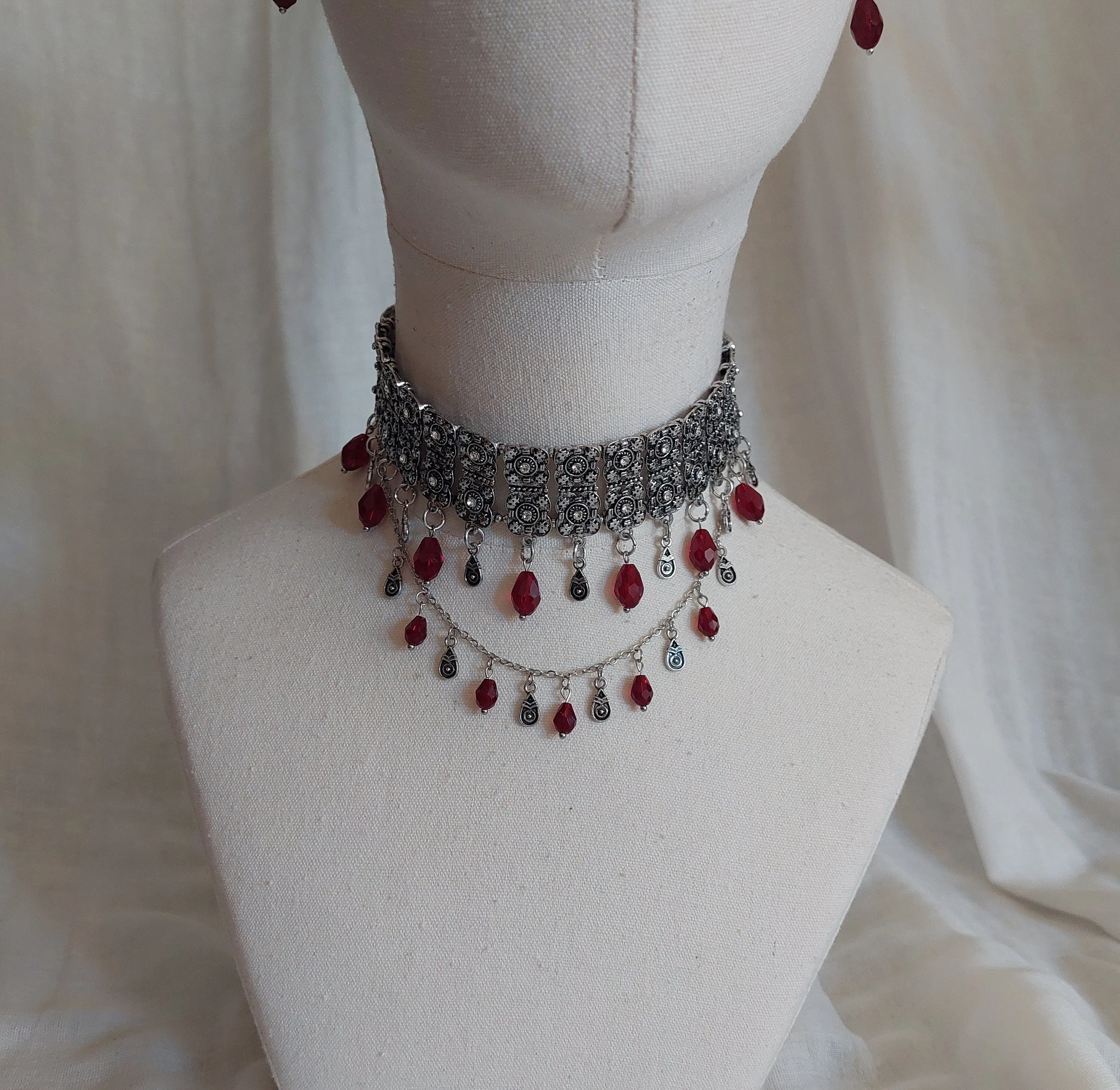 Antique silver Armenian traditional  necklace with earrings and glass beads