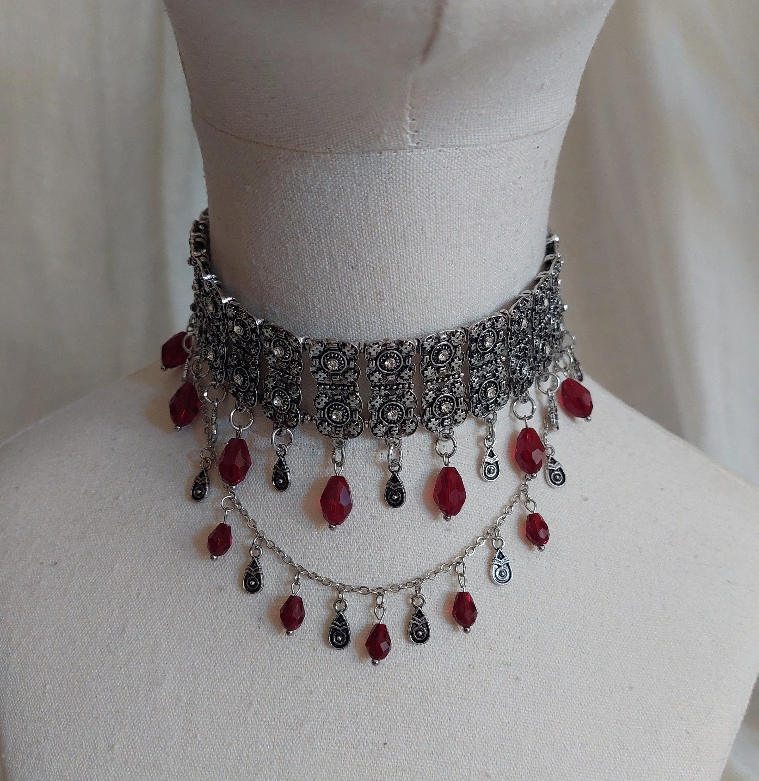 Antique silver Armenian traditional  necklace with earrings and glass beads