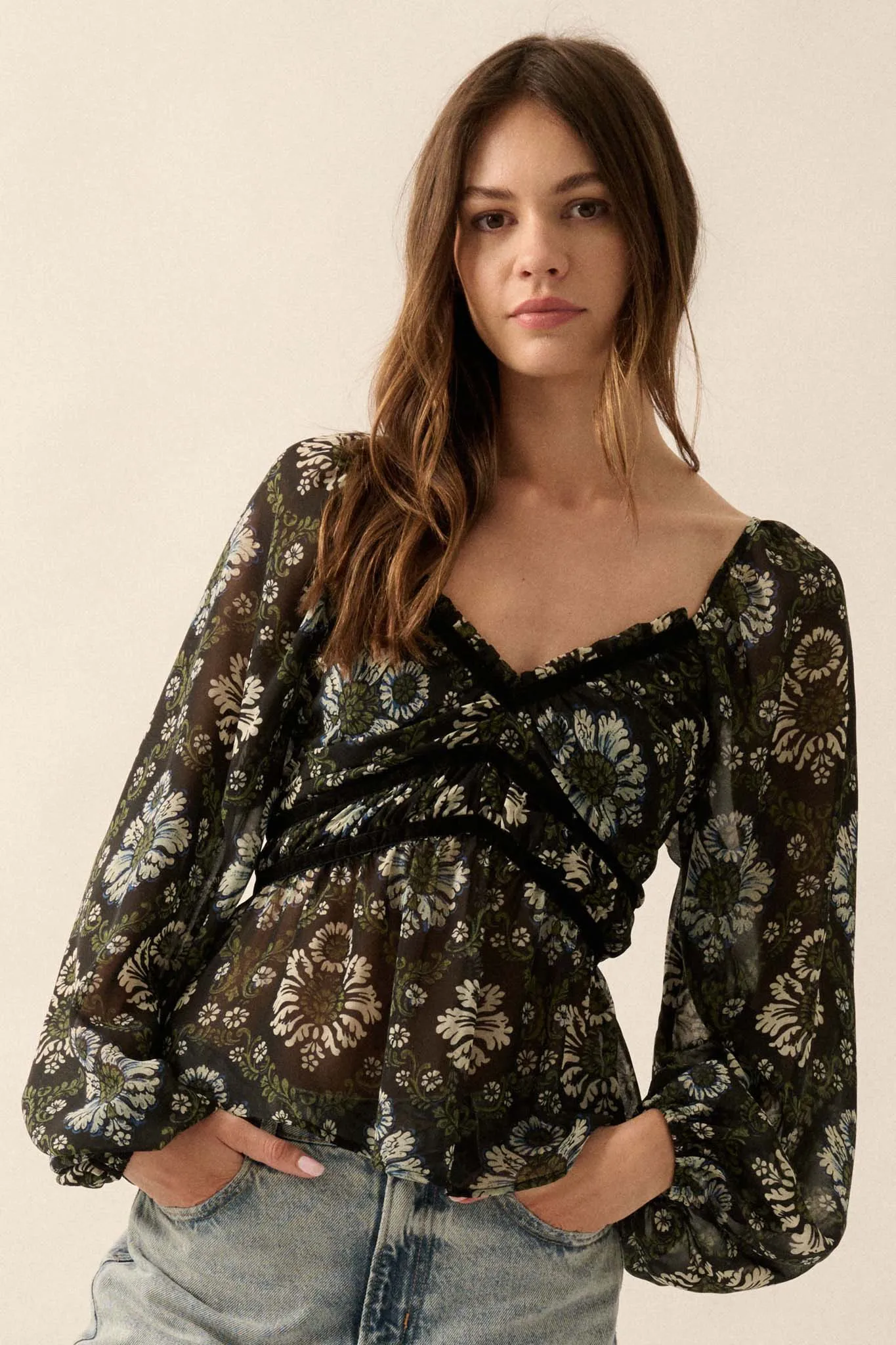 Awakening Beauty Floral Chiffon Peasant Top