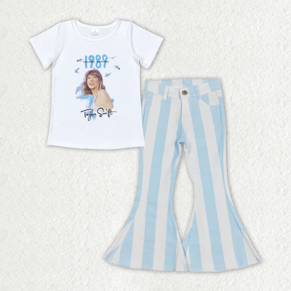 Baby Girls Clothes Short Sleeve Shirt Top Blue Stripes Denim Jeans Pants Sets GSPO1655