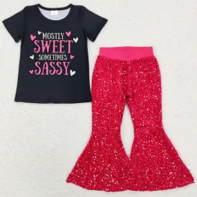 Baby Girls Clothes Sweet Sometimes Sassy Tee Dark Pink Sequin Pants Sets GSPO1235