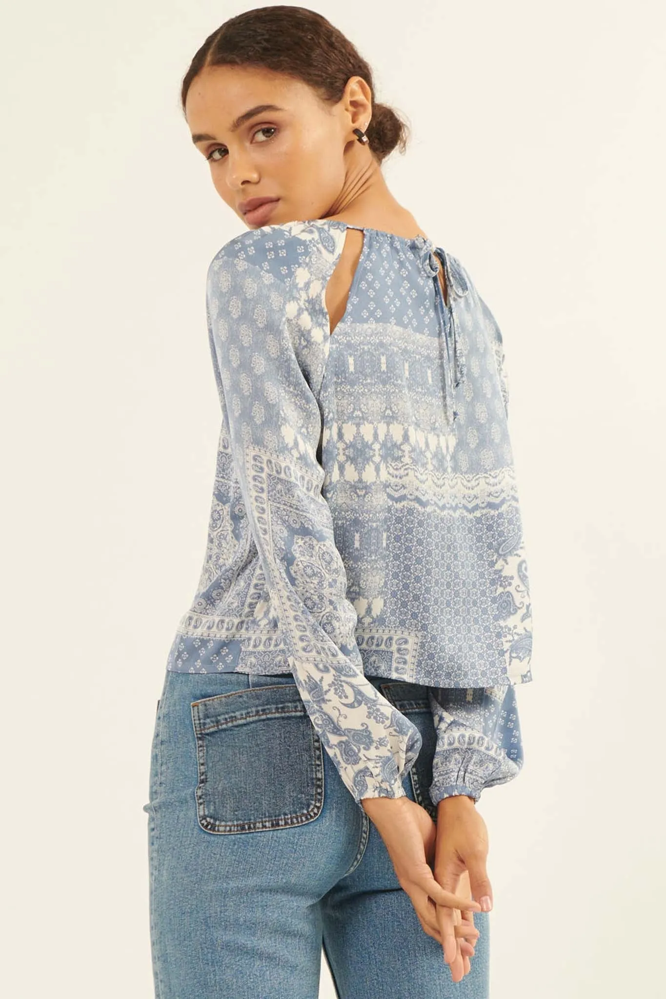 Bandana Split Patchwork-Print Peasant Top