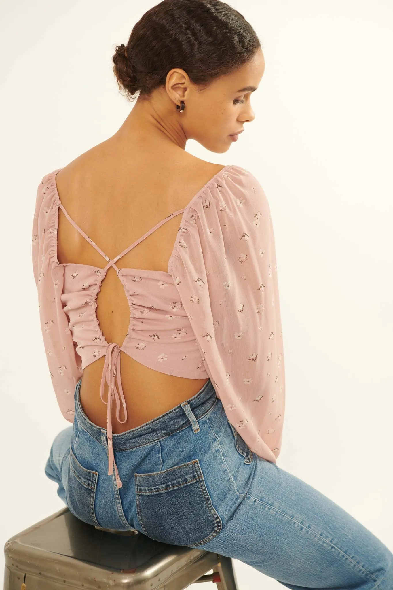 Belle Fleur Floral Open-Back Cropped Peasant Top