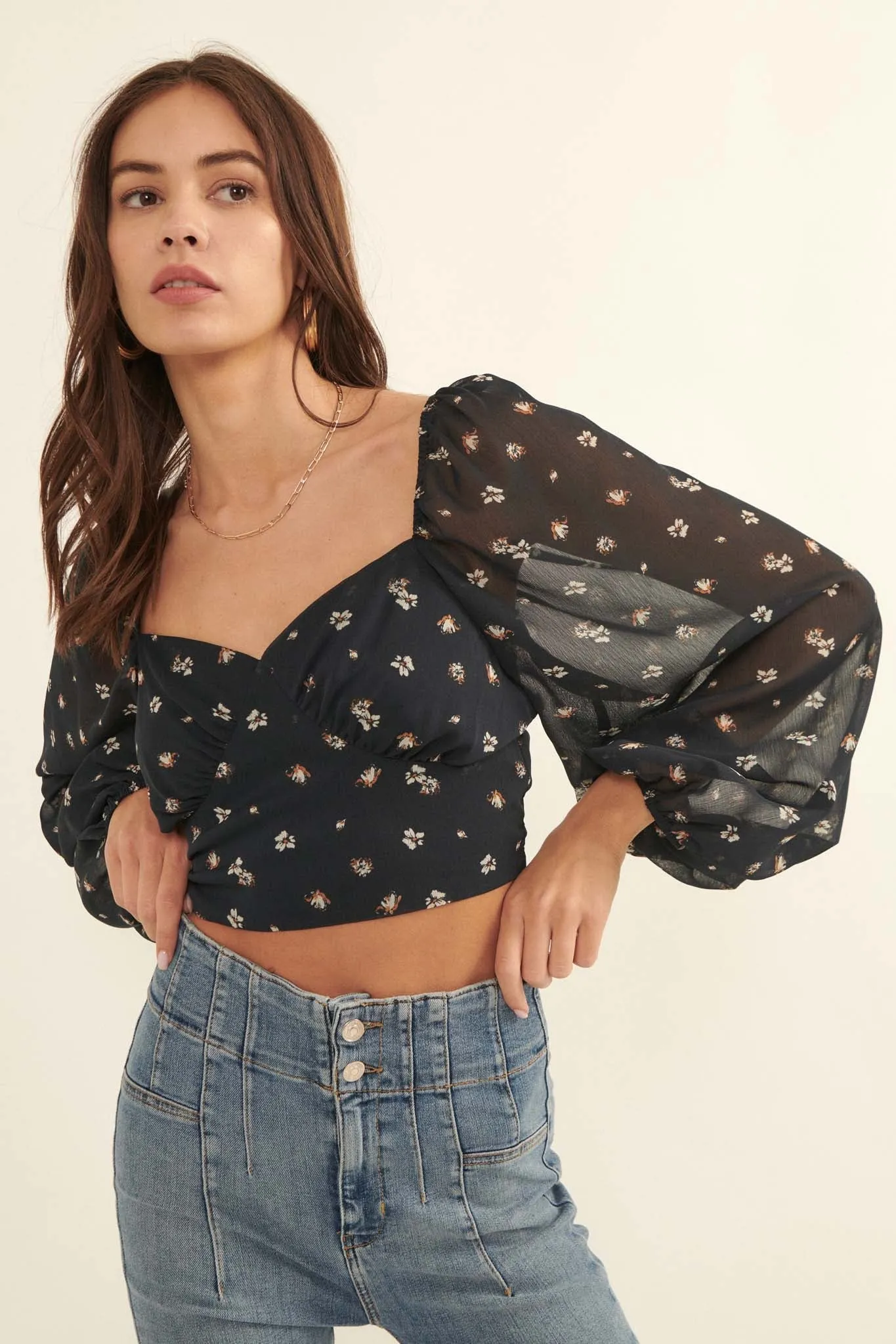 Belle Fleur Floral Open-Back Cropped Peasant Top