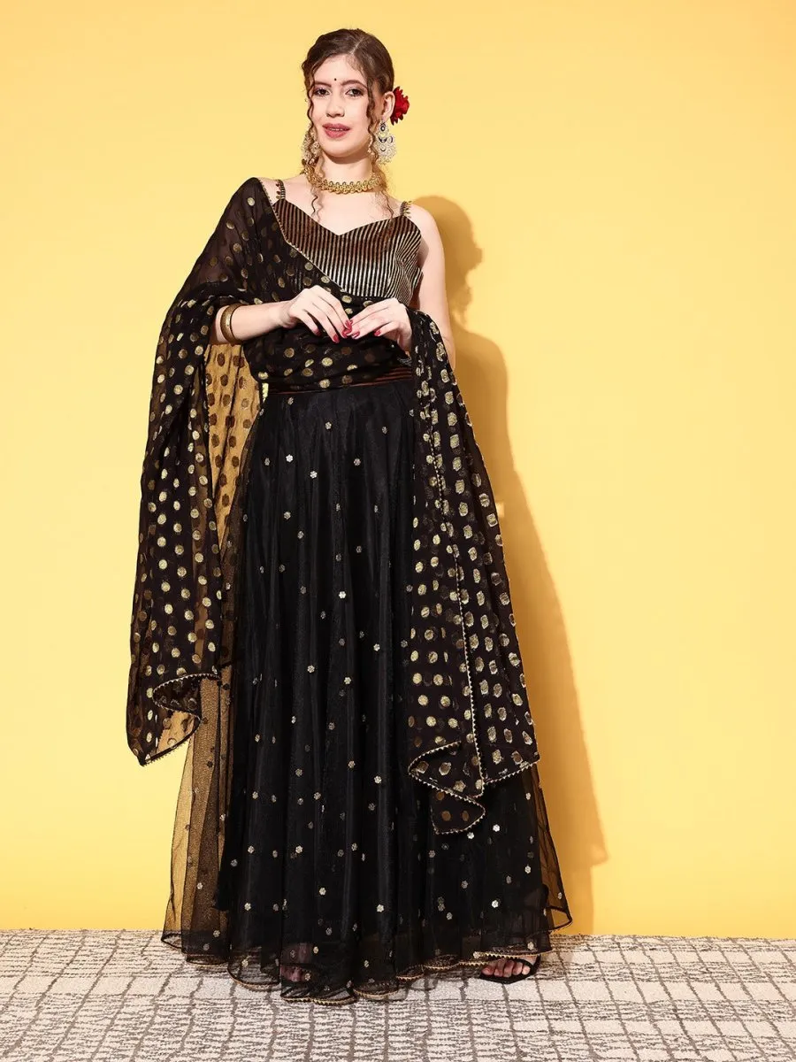 Black & Gold-Toned Sequinned Semi-Stitched Lehenga & Unstitched Blouse With Dupatta