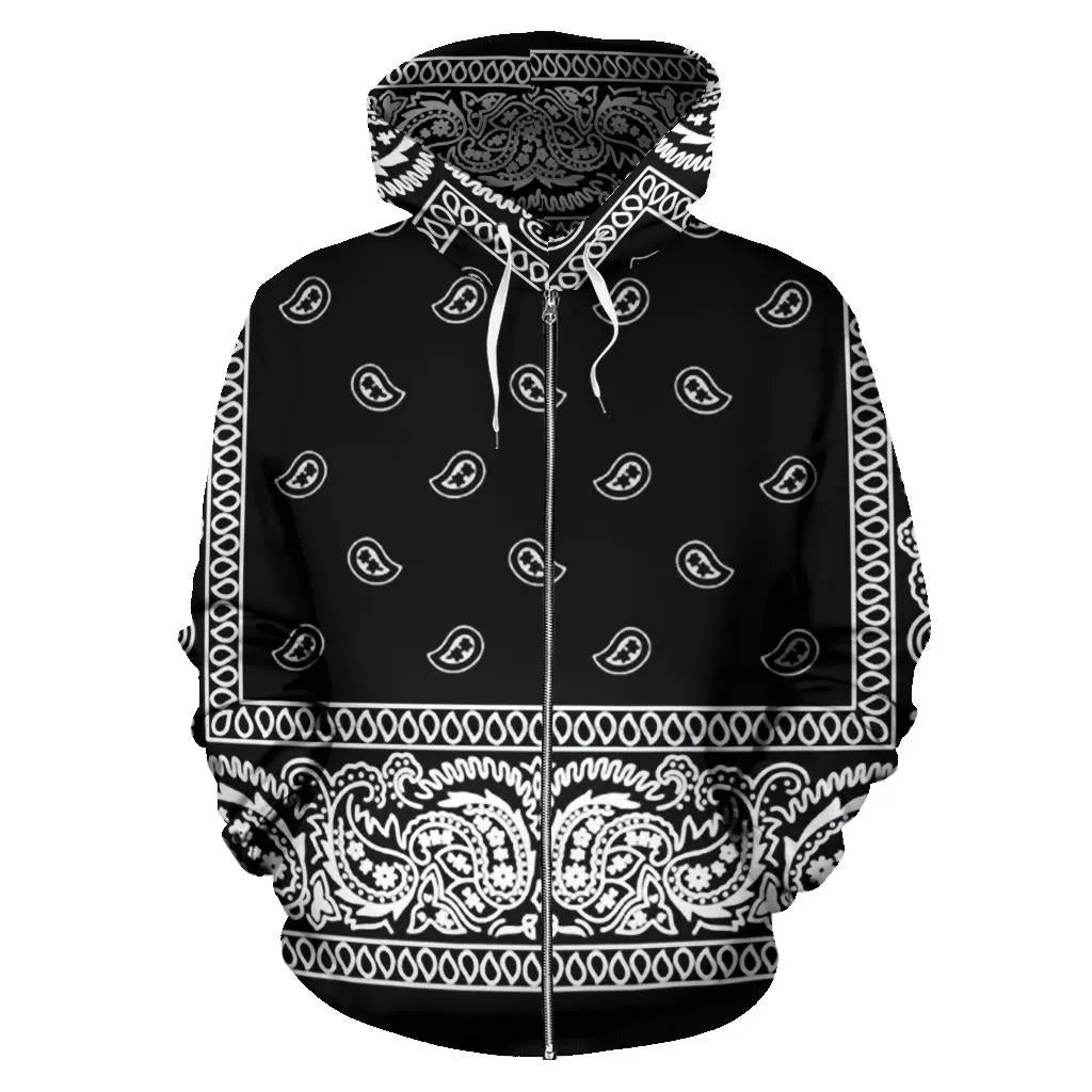 Black Bandanna Zip Up Hoodie