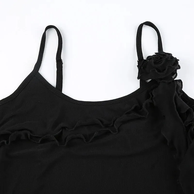 Black Flowers Frill Mesh Halter Top