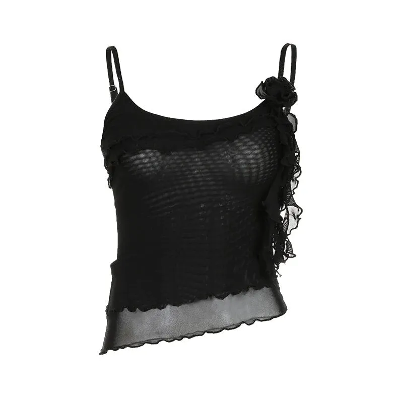 Black Flowers Frill Mesh Halter Top