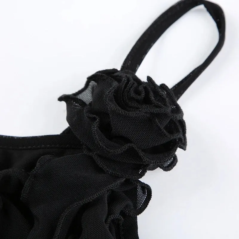 Black Flowers Frill Mesh Halter Top