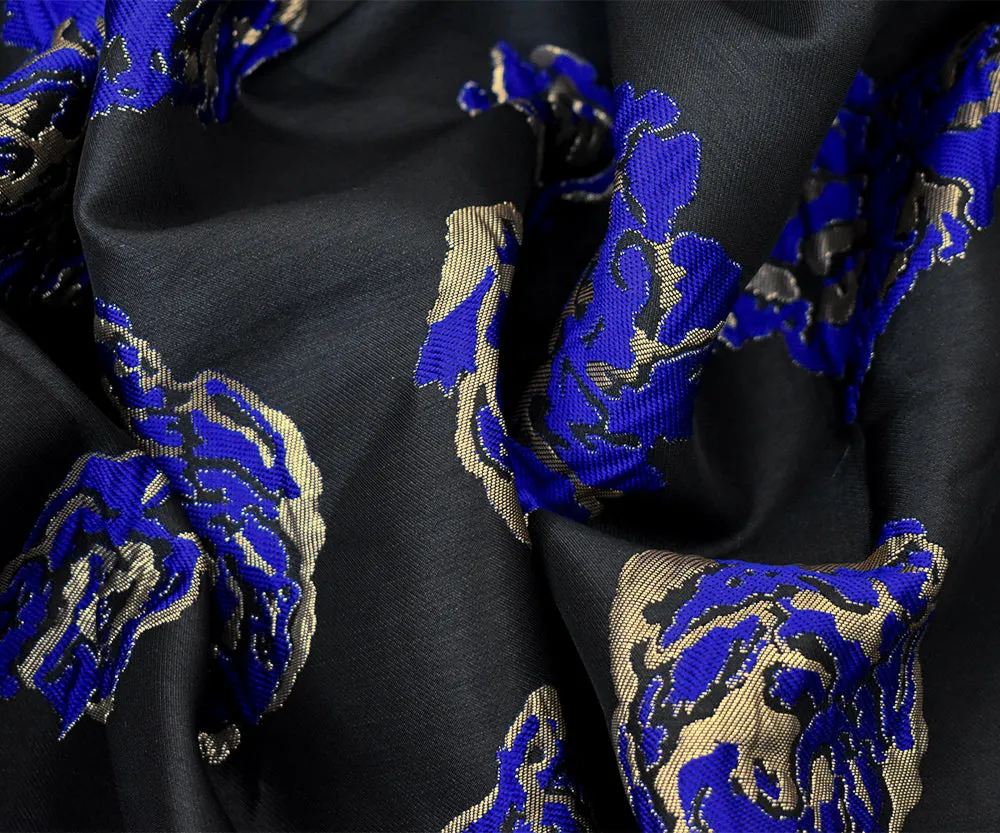 Black-Gold-Blue Polyester Metallic Floral Matelasse Jacquard Brocade Woven Fabric