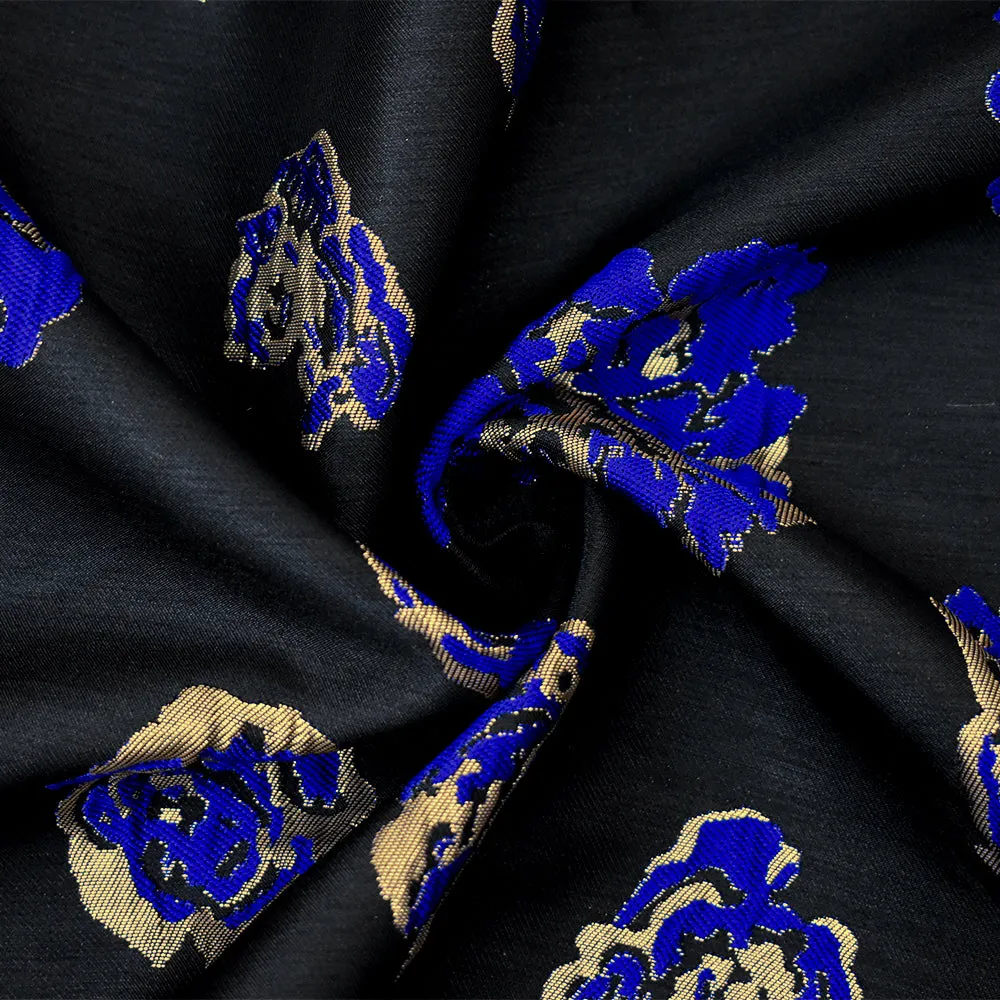 Black-Gold-Blue Polyester Metallic Floral Matelasse Jacquard Brocade Woven Fabric