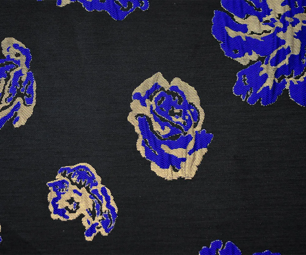 Black-Gold-Blue Polyester Metallic Floral Matelasse Jacquard Brocade Woven Fabric