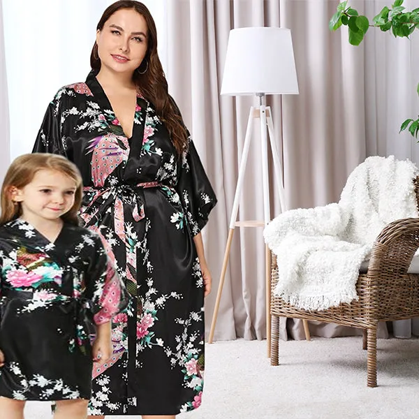 Black Mommy and Me Robes, Floral, Satin Feel