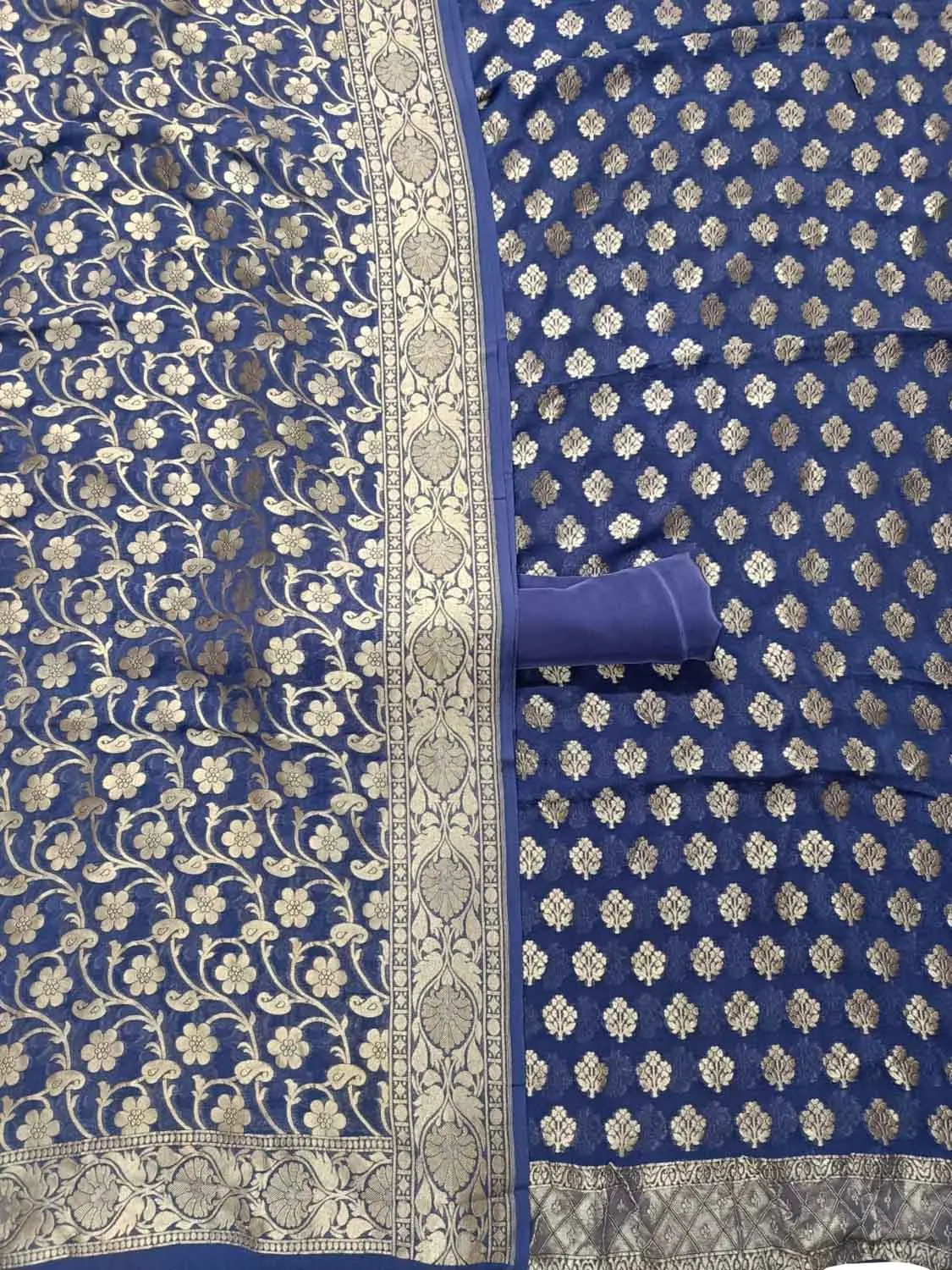 Blue Banarasi Pure Georgette Three Piece Unstitched Suit Set