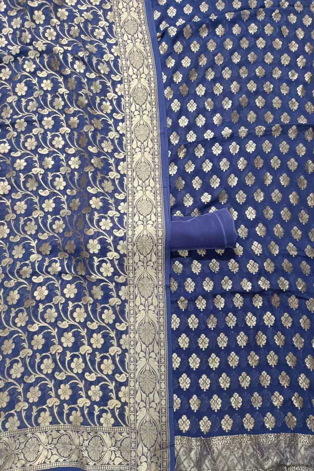 Blue Banarasi Pure Georgette Three Piece Unstitched Suit Set