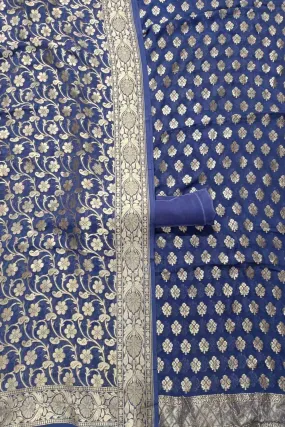 Blue Banarasi Pure Georgette Three Piece Unstitched Suit Set