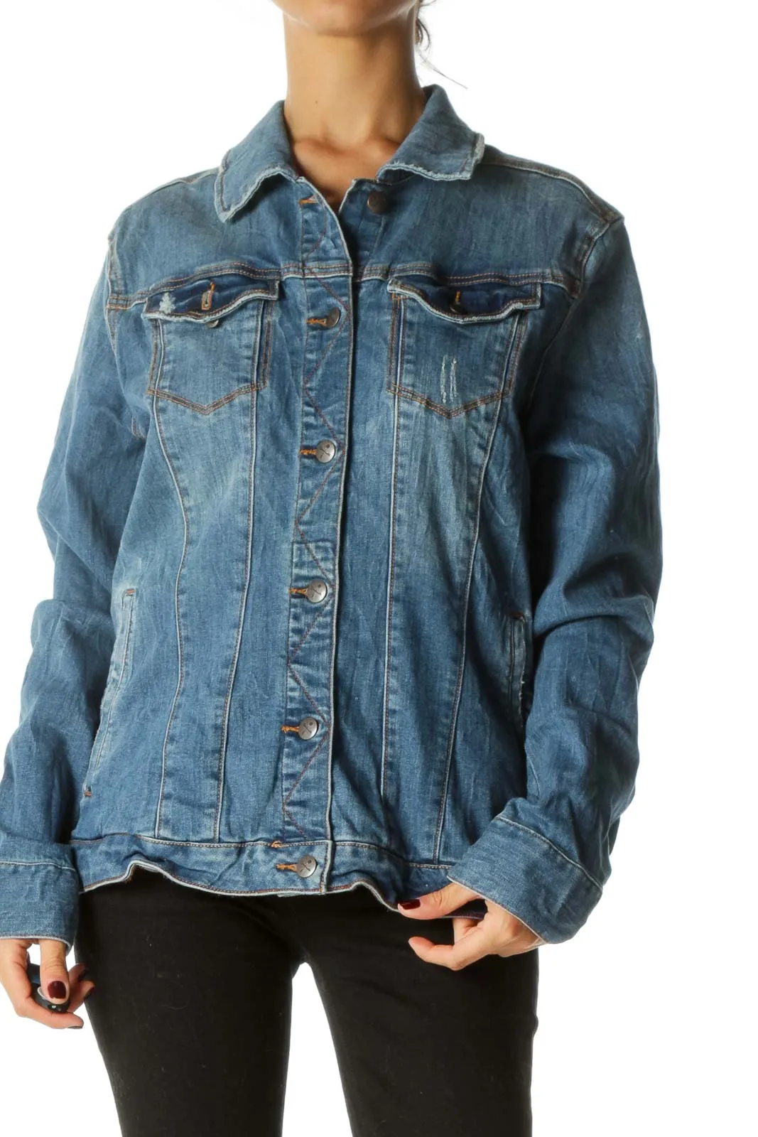 Blue Medium Wash Distressed Long Sleeve Stretch Denim Jacket