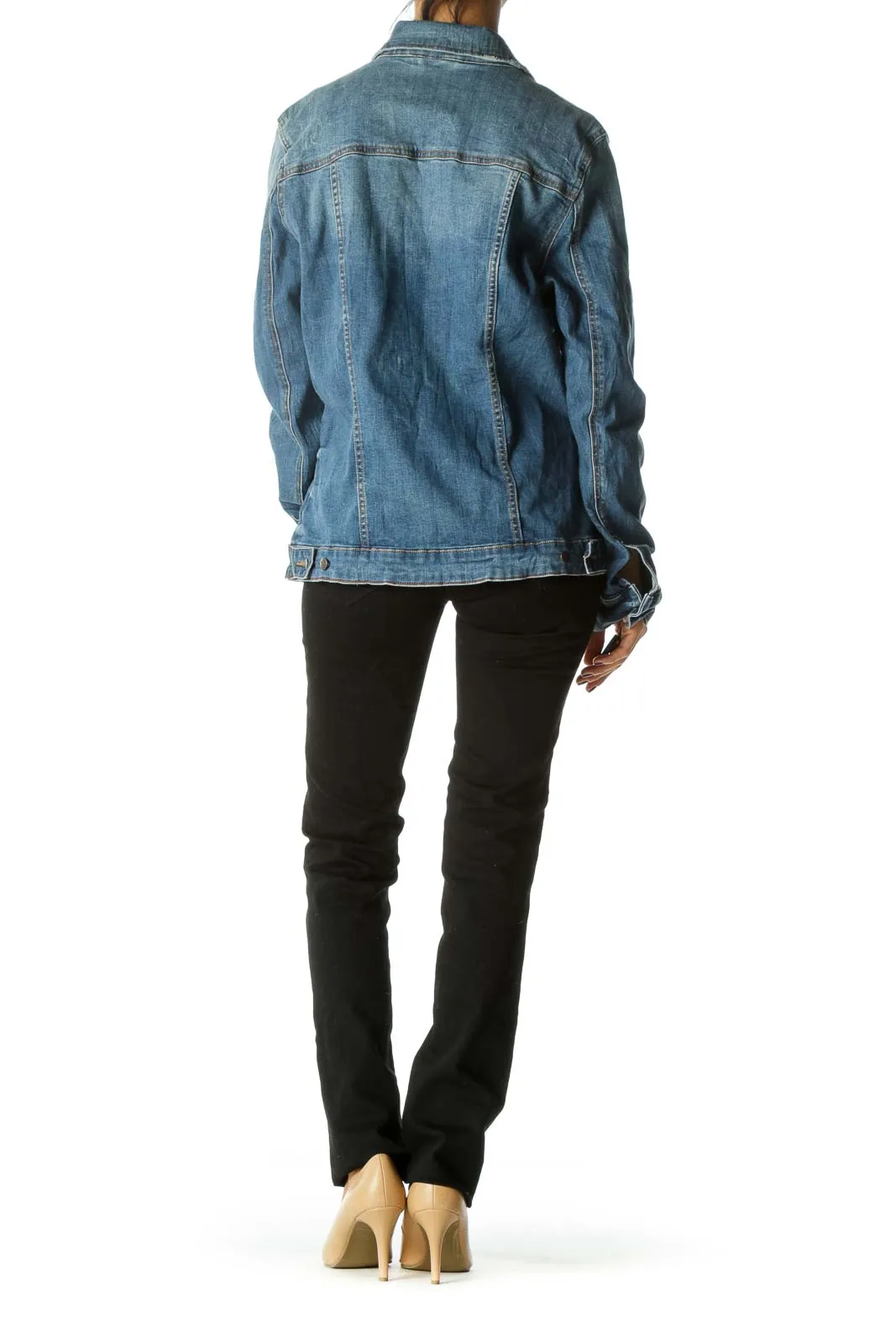 Blue Medium Wash Distressed Long Sleeve Stretch Denim Jacket