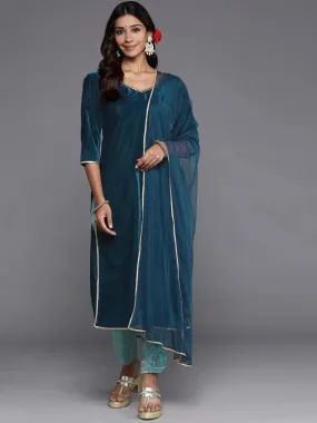 Blue Solid Velvet Straight Kurta With Trousers & Dupatta