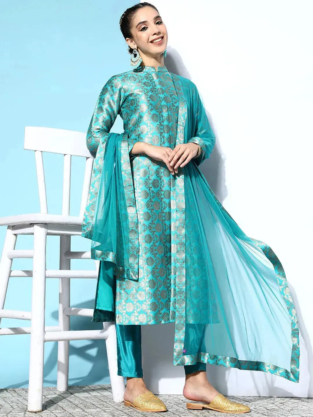 Blue Woven Design Silk Blend Straight Kurta With Dupatta