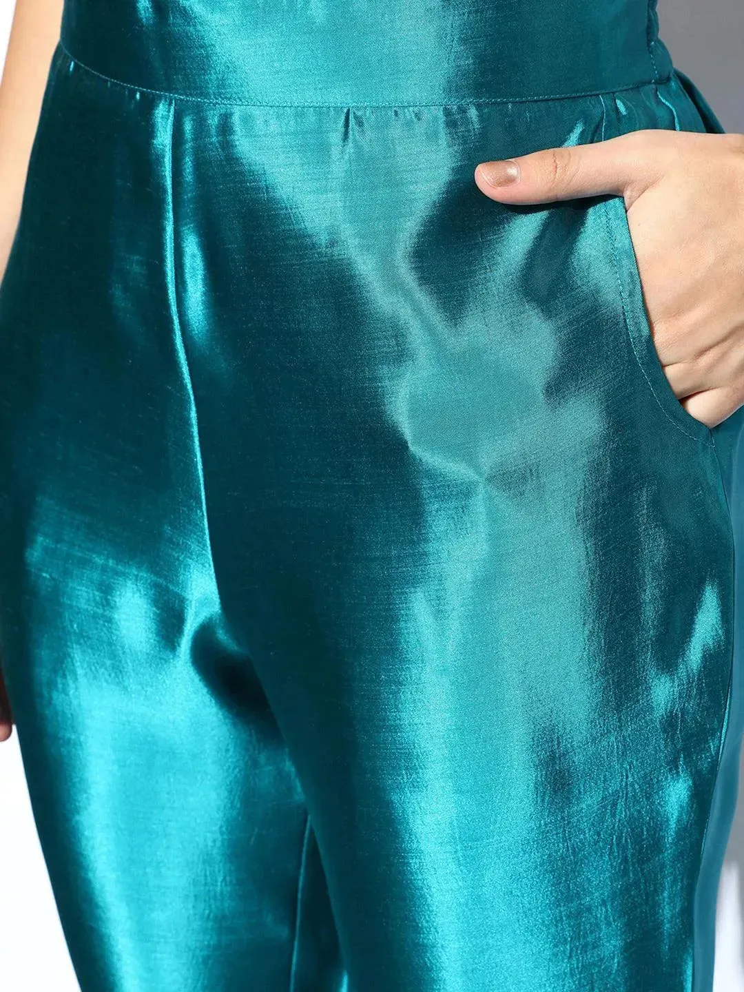 Blue Woven Design Silk Blend Straight Kurta With Dupatta