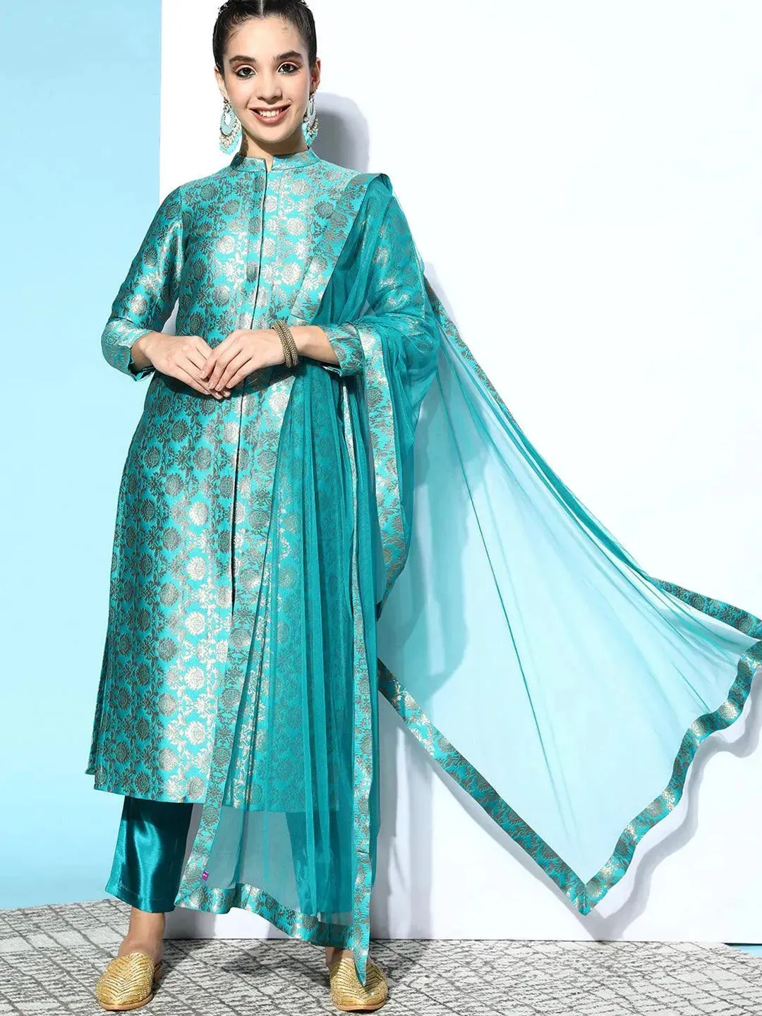 Blue Woven Design Silk Blend Straight Kurta With Dupatta