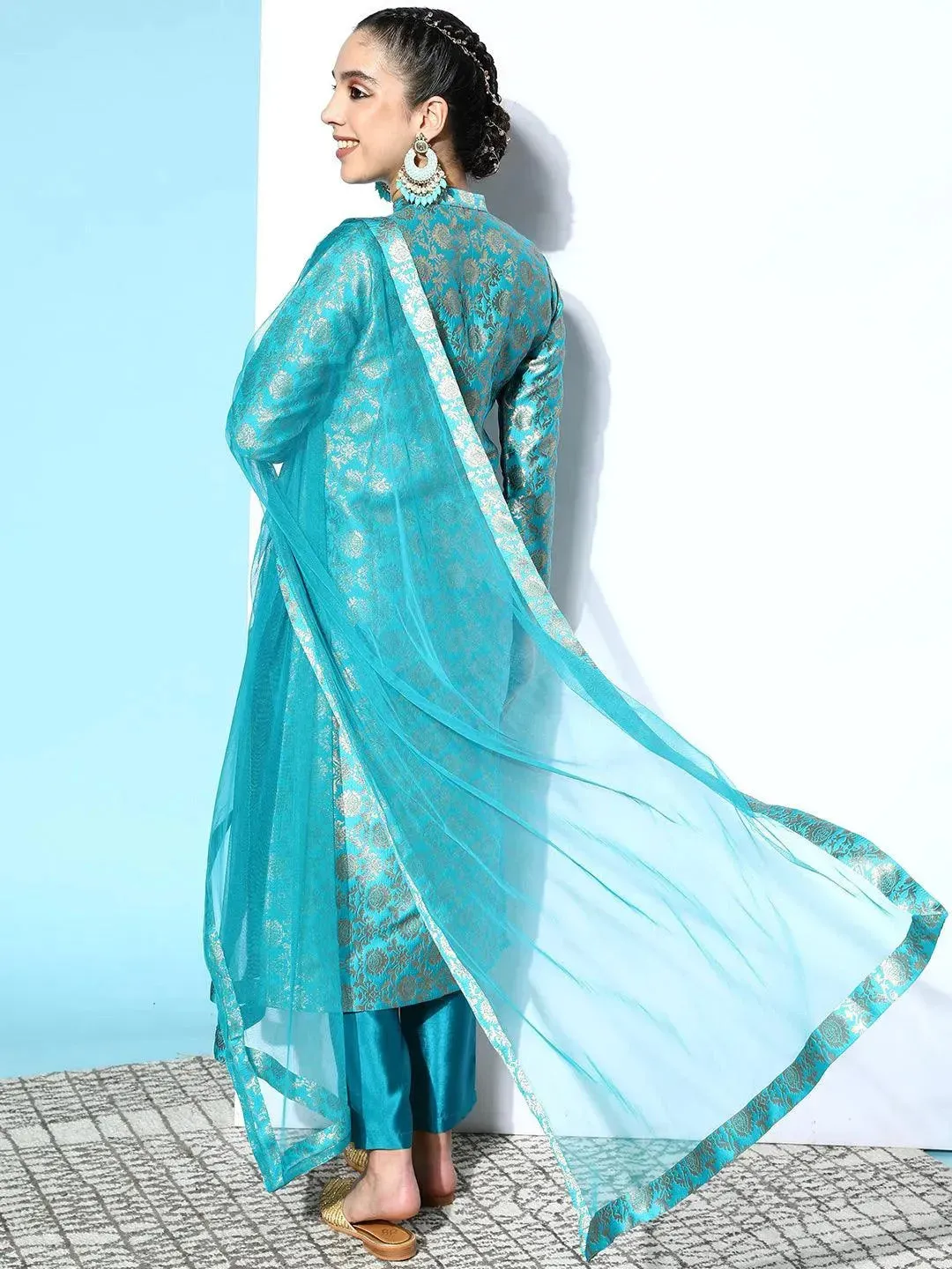 Blue Woven Design Silk Blend Straight Kurta With Dupatta