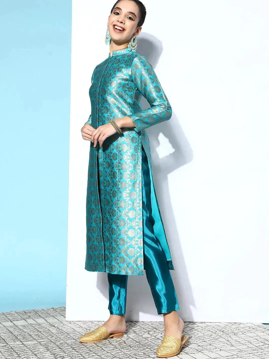 Blue Woven Design Silk Blend Straight Kurta With Dupatta