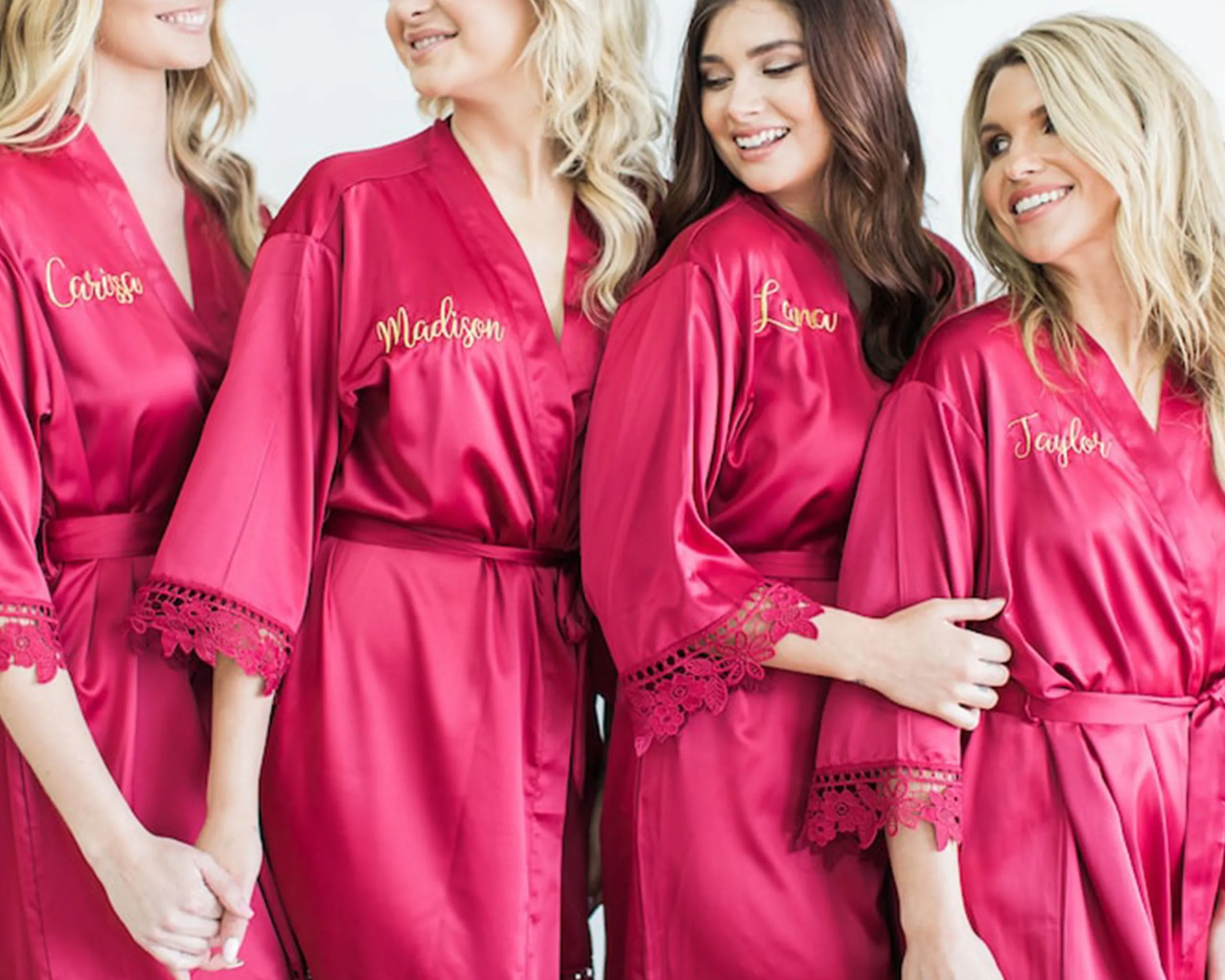 Bridesmaid Satin Robe with Embroidery Text options.