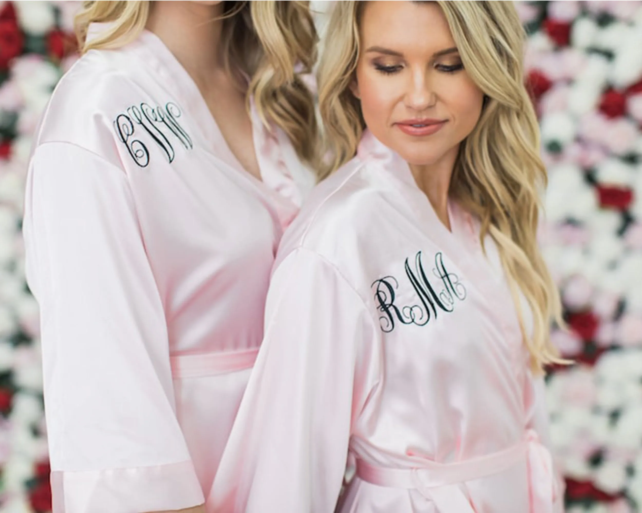 Bridesmaid Satin Robe with Embroidery Text options.