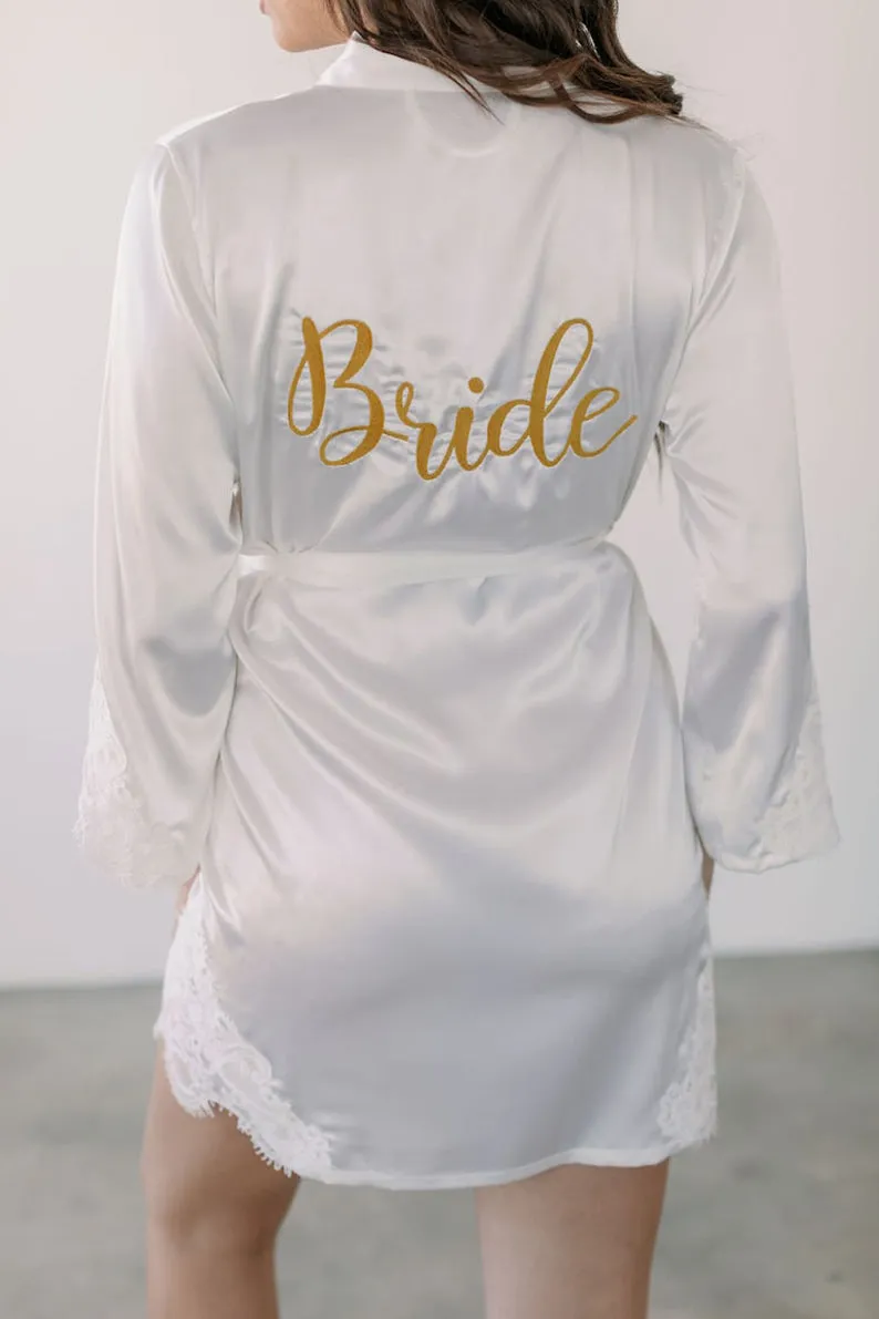 Bridesmaid Satin Robe with Embroidery Text options.