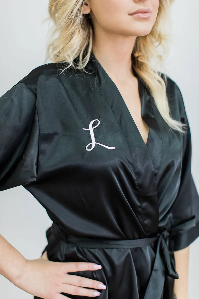 Bridesmaid Satin Robe with Embroidery Text options.