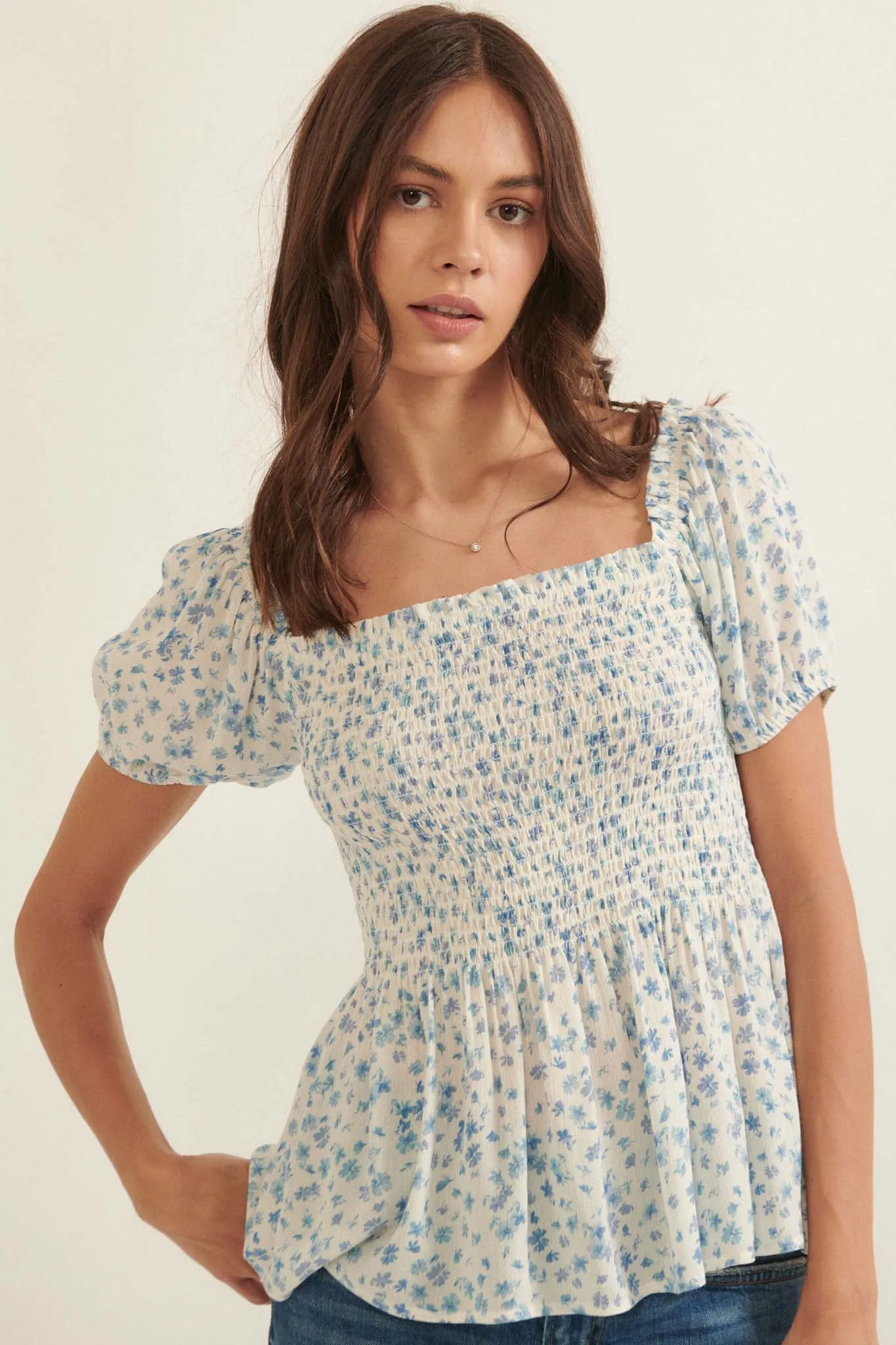 Bright Breeze Smocked Floral Babydoll Top