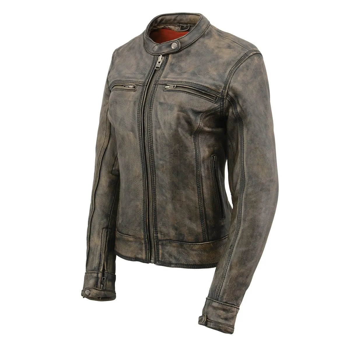 BROWN Leather MLL2550 Women's Scooter Distressed Brown Leather Vented Motorcycle Jacket