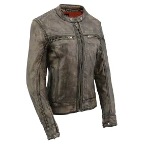 BROWN Leather MLL2550 Women's Scooter Distressed Brown Leather Vented Motorcycle Jacket