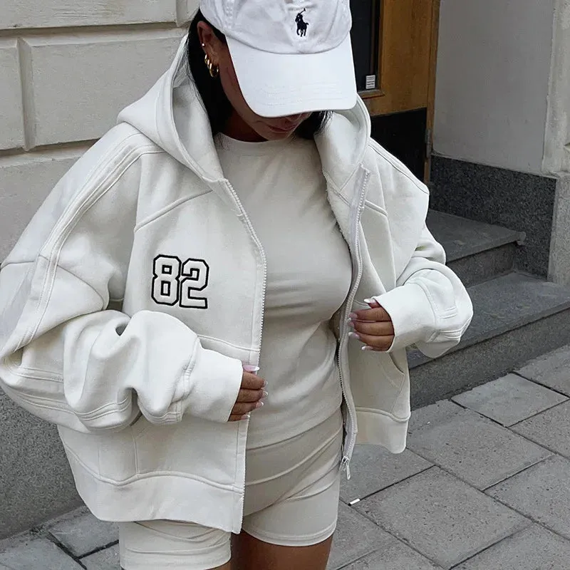 Casual Loose Zip Up Vintage White Hoodie