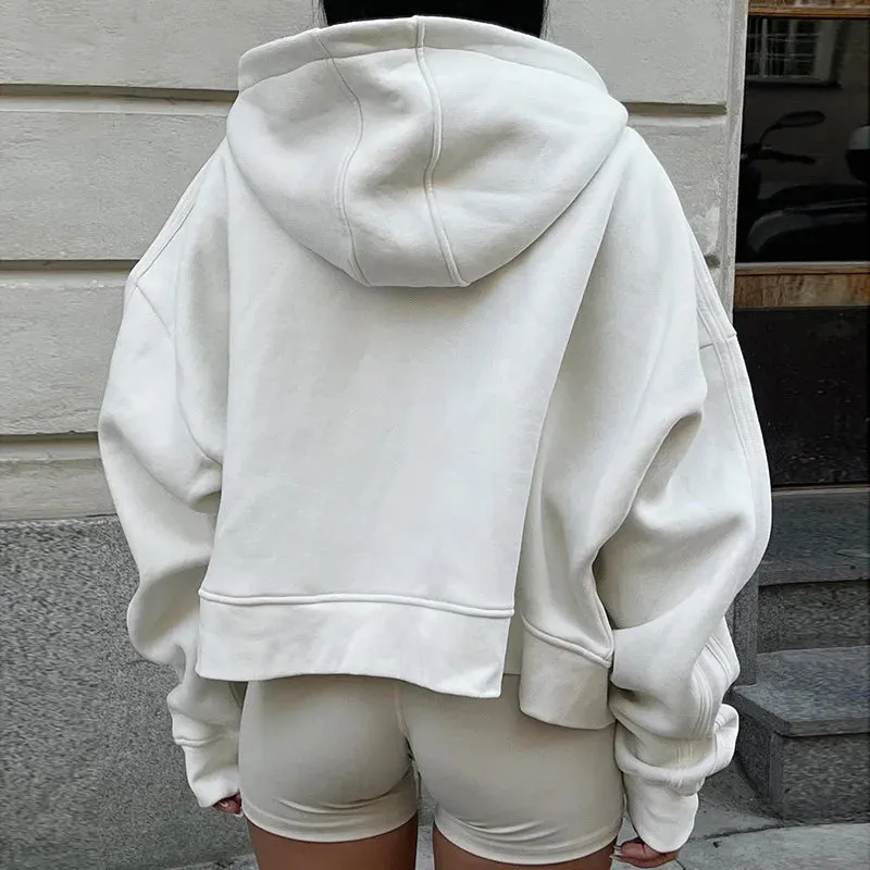 Casual Loose Zip Up Vintage White Hoodie