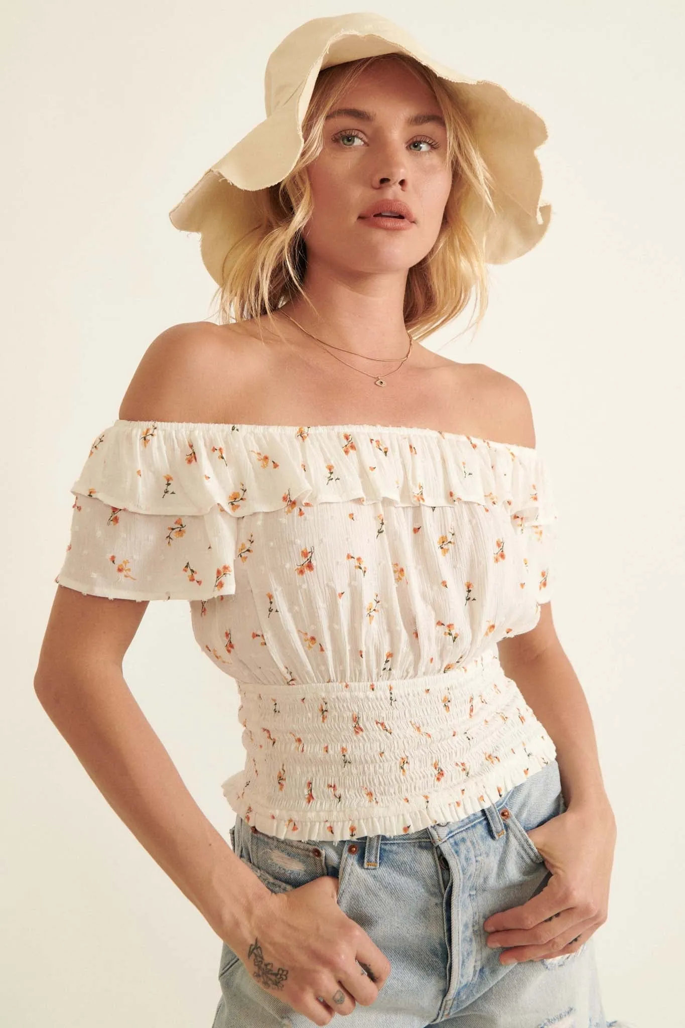 Charm and Grace Off-Shoulder Floral Peasant Top