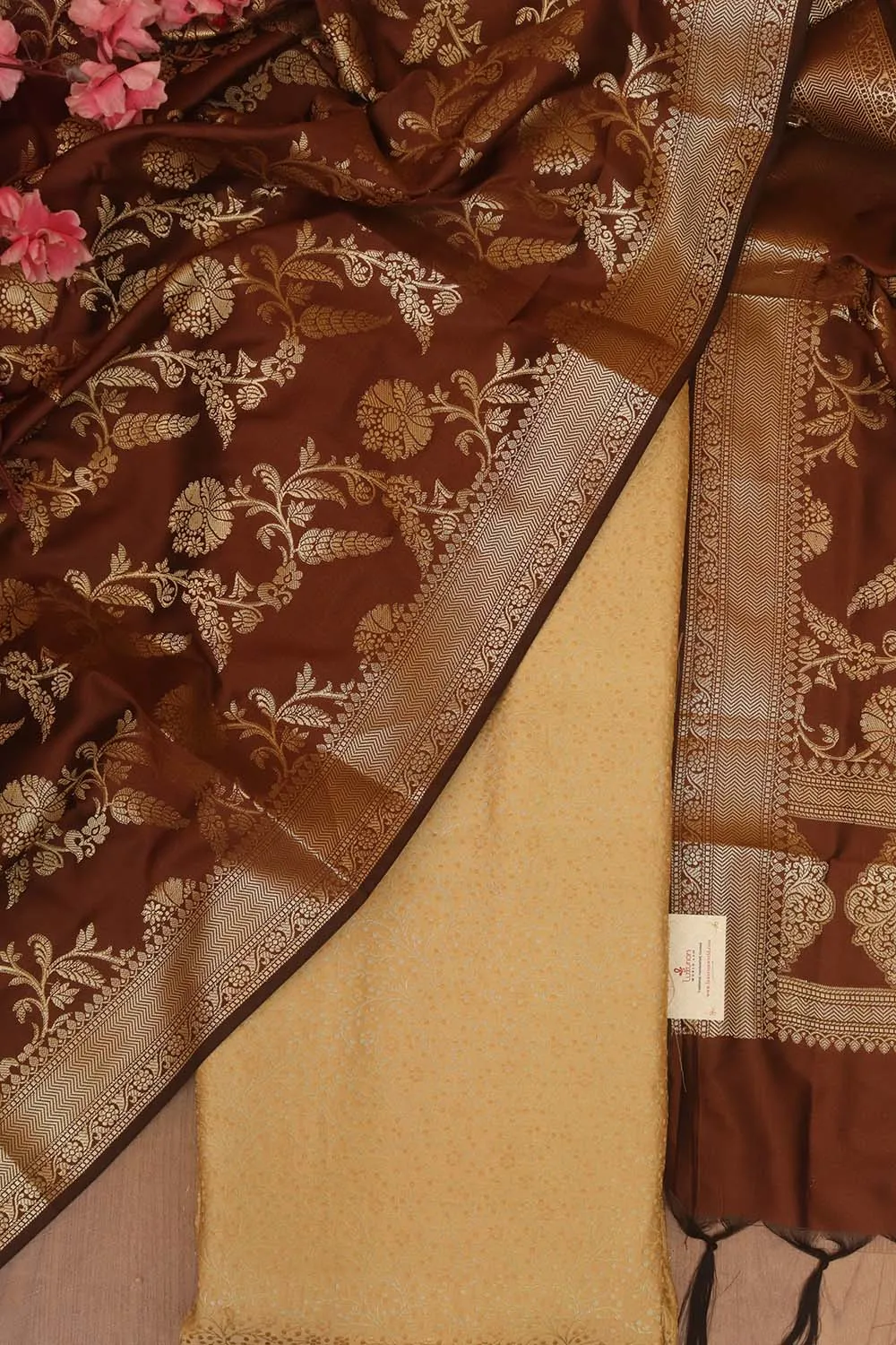 Cream Banarasi Silk Brocade Suit With Brown Banarasi Silk Dupatta