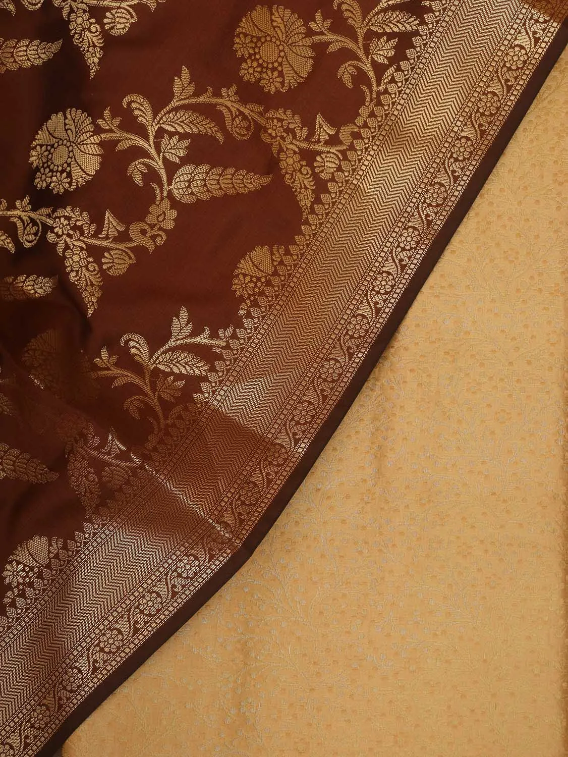 Cream Banarasi Silk Brocade Suit With Brown Banarasi Silk Dupatta