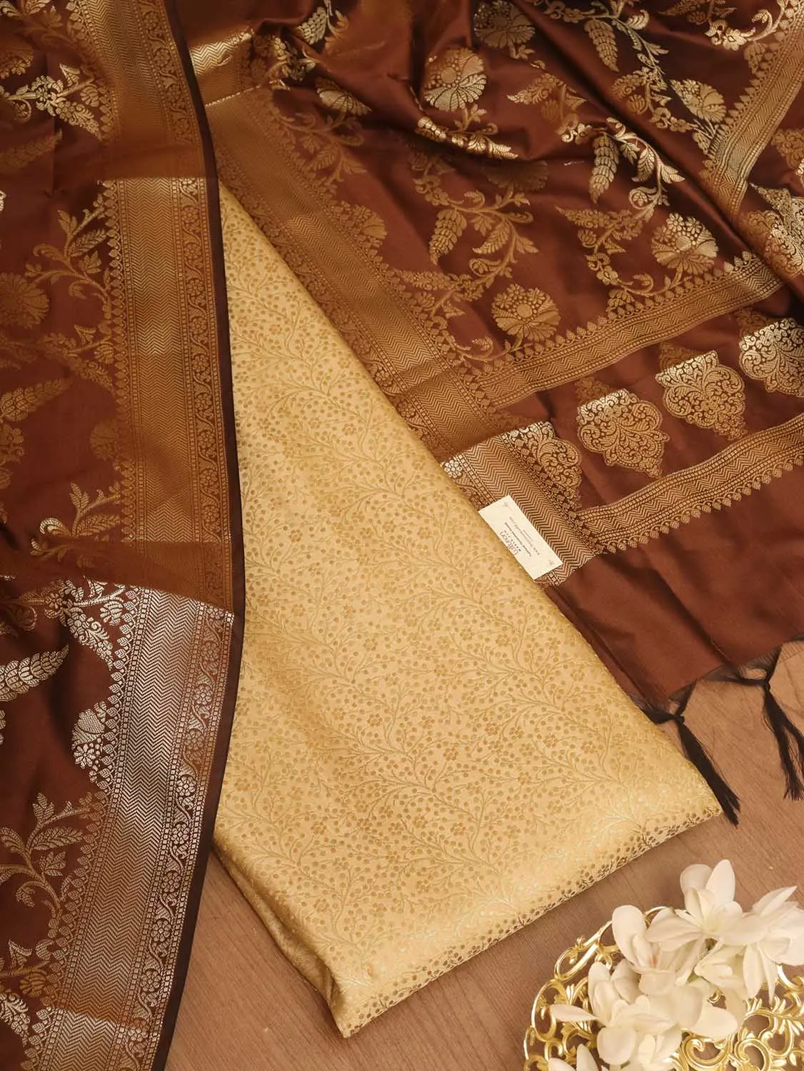 Cream Banarasi Silk Brocade Suit With Brown Banarasi Silk Dupatta