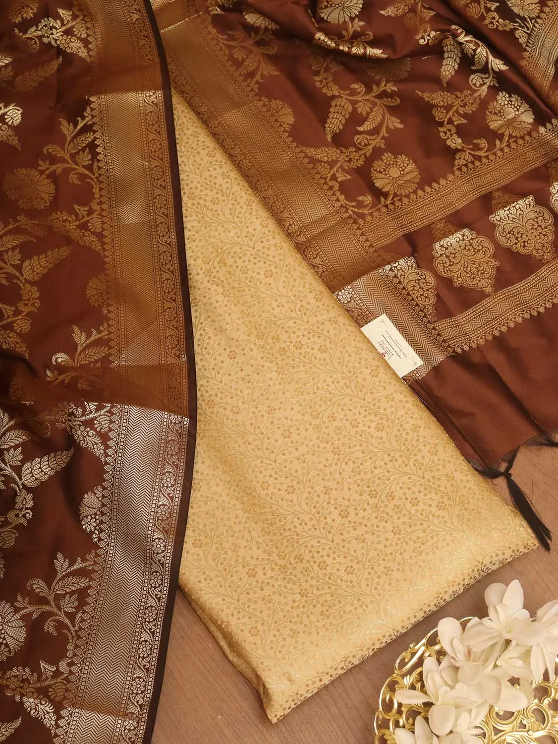 Cream Banarasi Silk Brocade Suit With Brown Banarasi Silk Dupatta